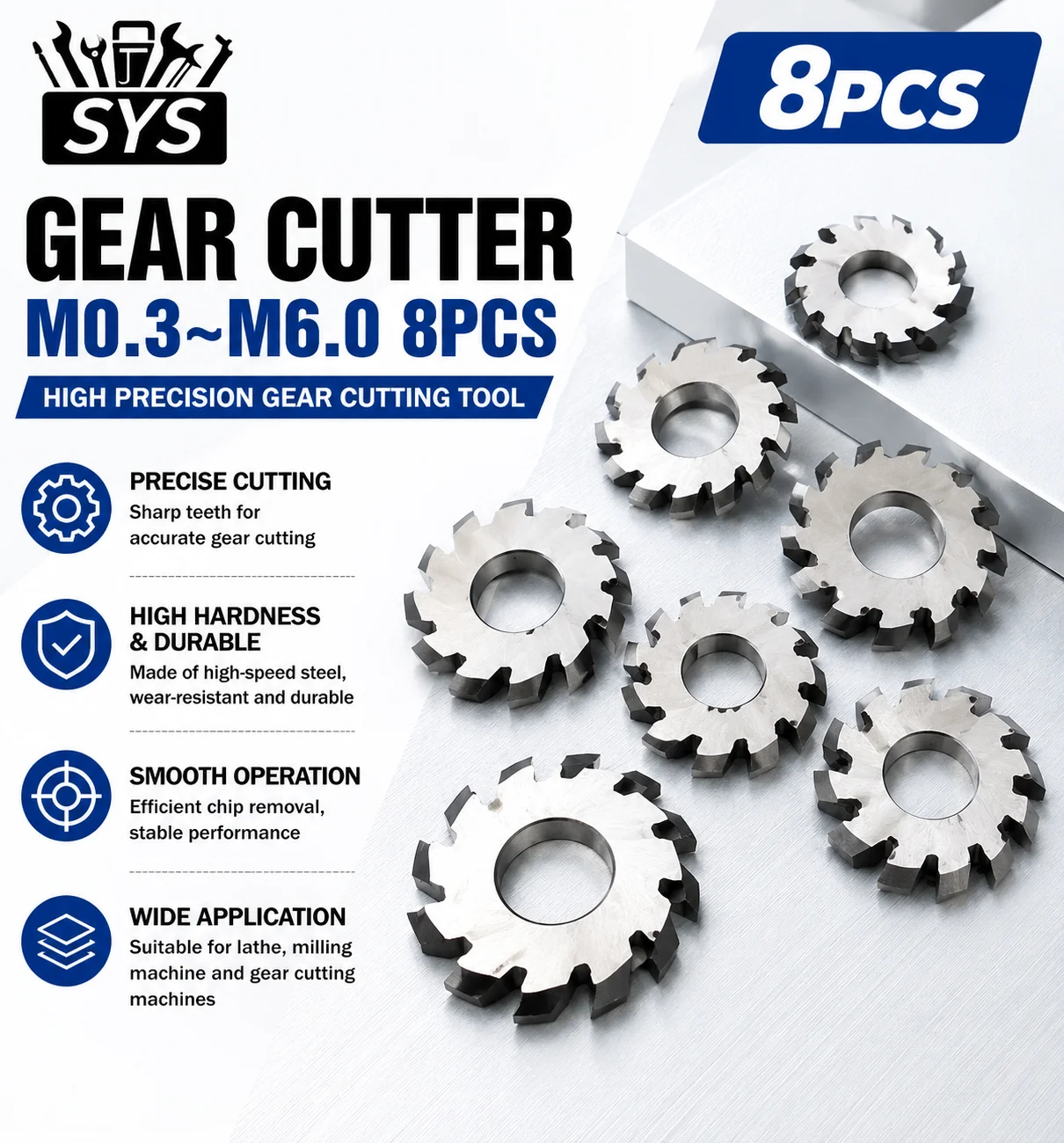 8PCS M0.3 M0.5 M0.6 M0.8 M1 M1.25 M2.25 M2.5 M3 M4 M5 Modulus PA20 Degrees NO.1-NO.8 HSS Gear Milling Cutter Gear Cutting Tool
8PCS M0.3 M0.5 M0.6 M0.8 M1 M1.25 M2.25 M2.5 M3 M4 M5 Modulus PA20 Degrees NO.1-NO.8 HSS Gear Milling Cutter Gear Cutting Tool