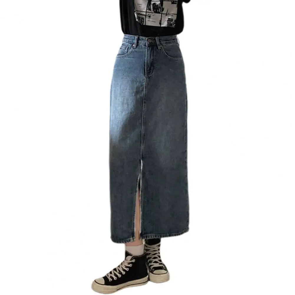 Женская джинсовая юбка средней длины, юбка с высокой талией, застежкой-молнией на пуговицах, несколькими карманами и разрезом спереди 
Женская джинсовая юбка средней длины, юбка с высокой талией, застежкой-молнией на пуговицах, несколькими карманами и разрезом спереди