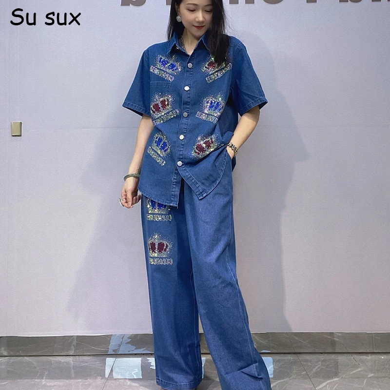 Джинсовые комплекты с широкими брюками с блестками и короной, женские джинсы, комплект из 2 предметов, блузка с отложным воротником и короткими рукавами, одинаковые комплекты, наряды Stree 
Джинсовые комплекты с широкими брюками с блестками и короной, женские джинсы, комплект из 2 предметов, блузка с отложным воротником и короткими рукавами, одинаковые комплекты, наряды Stree
