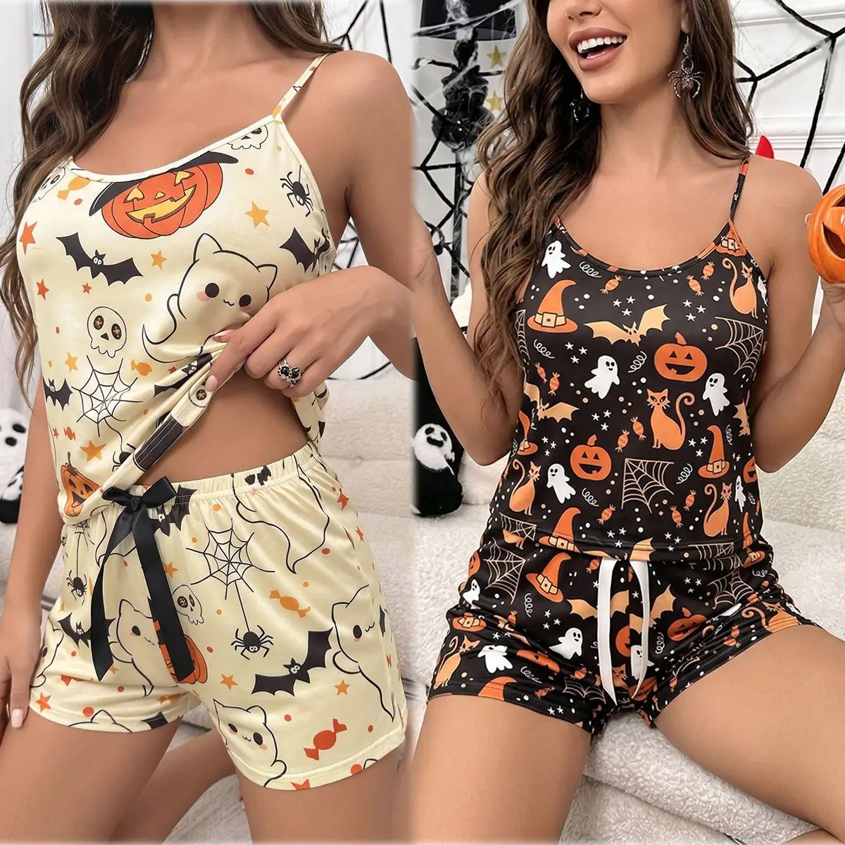 Halloween Print Cami Pajama Set, 2Pcs Spooky Pumpkin Ghost Shorts Loungewear for Women
Halloween Print Cami Pajama Set, 2Pcs Spooky Pumpkin Ghost Shorts Loungewear for Women