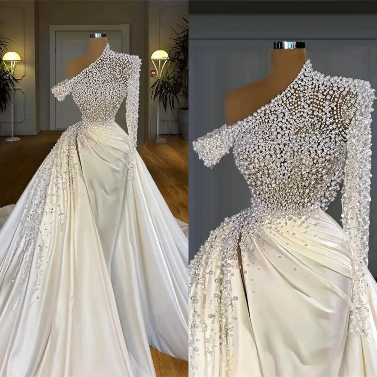 Customized Pearls Mermaid Bridal Gowns One Shoulder Wedding Dress Detachable Train Long Sleeve Side Split
Customized Pearls Mermaid Bridal Gowns One Shoulder Wedding Dress Detachable Train Long Sleeve Side Split