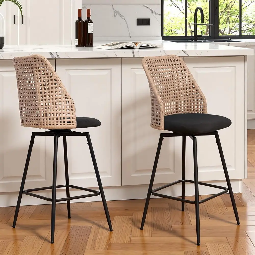 Set of 2 Chenille Upholstered Swivel Bar Stools with Footrest and Rattan Woven Backrest, Black Metal Frame
Set of 2 Chenille Upholstered Swivel Bar Stools with Footrest and Rattan Woven Backrest, Black Metal Frame