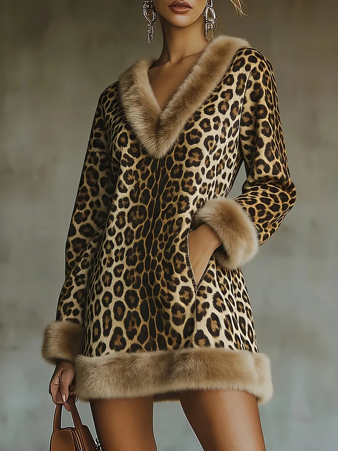 Leopard Print Mini Dress for Women Sexy Fur Collar V-Neck Long Sleeves Pockets Design Dress Winter Elegant High Street Dresses
Leopard Print Mini Dress for Women Sexy Fur Collar V-Neck Long Sleeves Pockets Design Dress Winter Elegant High Street Dresses