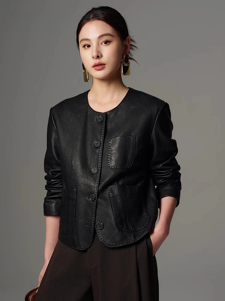O-neck Black Genuine Leather Jackets for Women Spring Autumn High-end Simple Casual Slim Short Real Goatskin Leather Coat
O-neck Black Genuine Leather Jackets for Women Spring Autumn High-end Simple Casual Slim Short Real Goatskin Leather Coat