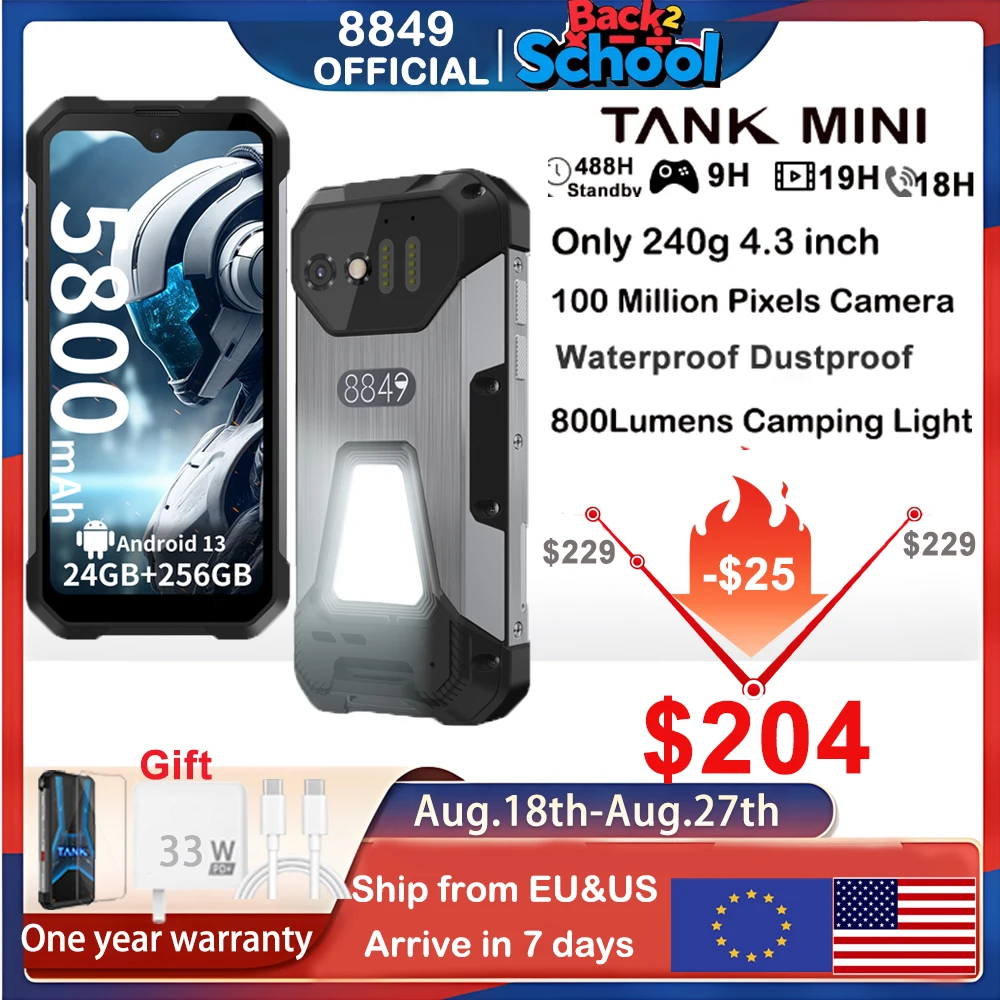 Мини-прочный смартфон 8849 Tank, 16/24 ГБ, 256 ГБ, 5800 мАч, 100 Мп, камера Android 13, мобильный телефон, 4,3-дюймовый водонепроницаемый мобильный телефон
