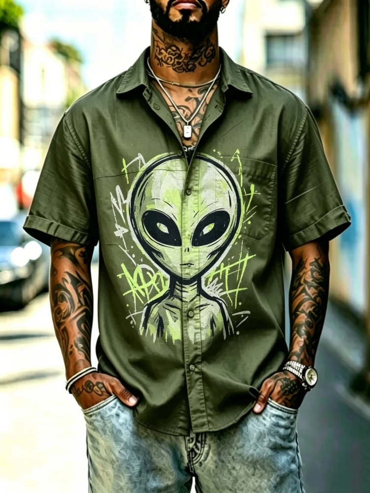 Men's Alien Print Short Sleeve Shirt With Chest Pocket Loose Comfortable Casual Streetwear Top
Men's Alien Print Short Sleeve Shirt With Chest Pocket Loose Comfortable Casual Streetwear Top