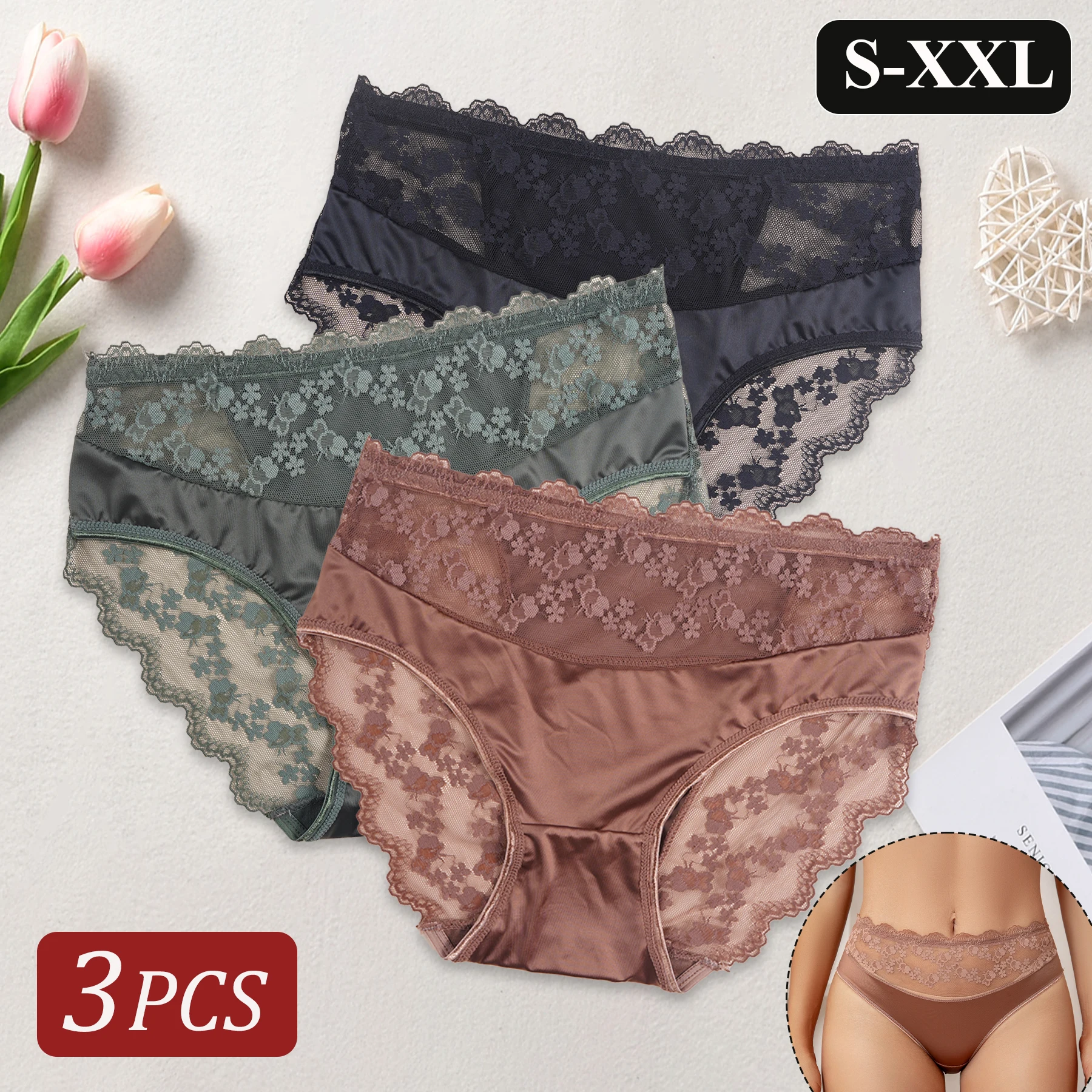 3PCS Women's Seamless Satin Panties Elegant Lace Floral Embroidery Briefs Sexy Comforable Lingerie Design for Daily Wear S-XXL
3PCS Women's Seamless Satin Panties Elegant Lace Floral Embroidery Briefs Sexy Comforable Lingerie Design for Daily Wear S-XXL