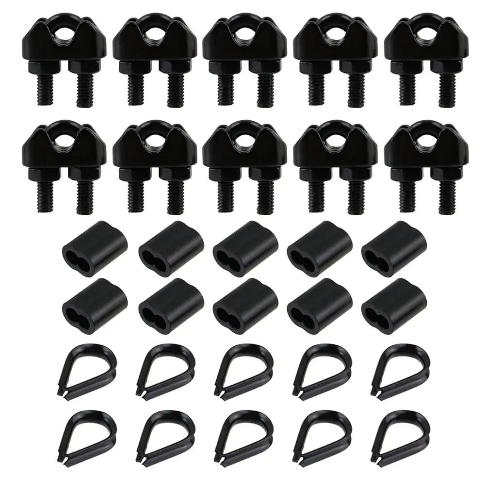 Набор аксессуаров для стального троса: зажимы для троса из нержавеющей стали, шпильки из нержавеющей стали и алюминиевые обжимные втулки.
Набор аксессуаров для стального троса: зажимы для троса из нержавеющей стали, шпильки из нержавеющей стали и алюминиевые обжимные втулки.