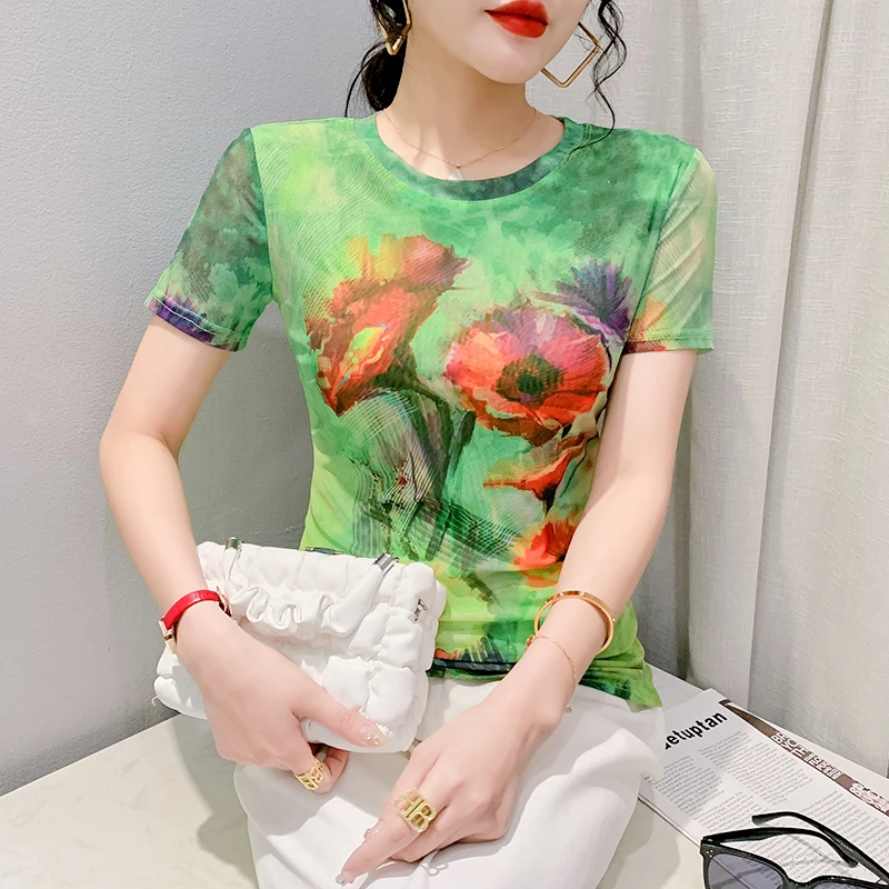 Summer Mesh Tee T Shirts Woman O Neck Short Sleeve High Stretchy Located Printing Flowers Tshirt Fashion Top For Female
Summer Mesh Tee T Shirts Woman O Neck Short Sleeve High Stretchy Located Printing Flowers Tshirt Fashion Top For Female