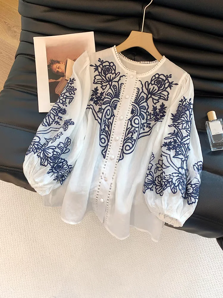 Retro Embroidered Cotton Linen Loose Fit Shirt Women's 3/4 Sleeve round Neck Large Size Floral Trim Top for Autumn 2025
Retro Embroidered Cotton Linen Loose Fit Shirt Women's 3/4 Sleeve round Neck Large Size Floral Trim Top for Autumn 2025