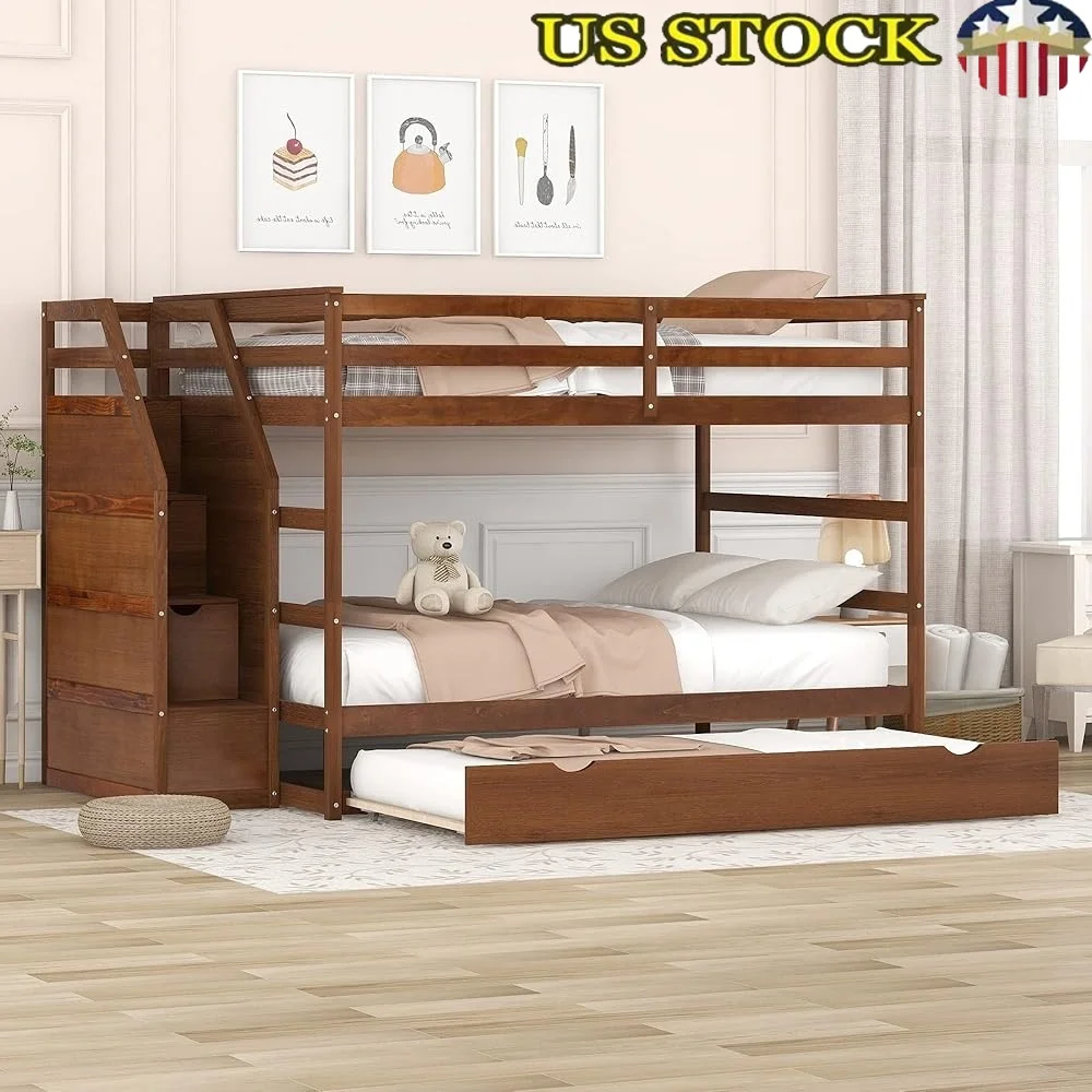 Twin Over Twin Bunk Bed with Trundle and Storage Stairs Solid Pine Wood Frame No Box Spring Needed Space Saving Design
Twin Over Twin Bunk Bed with Trundle and Storage Stairs Solid Pine Wood Frame No Box Spring Needed Space Saving Design