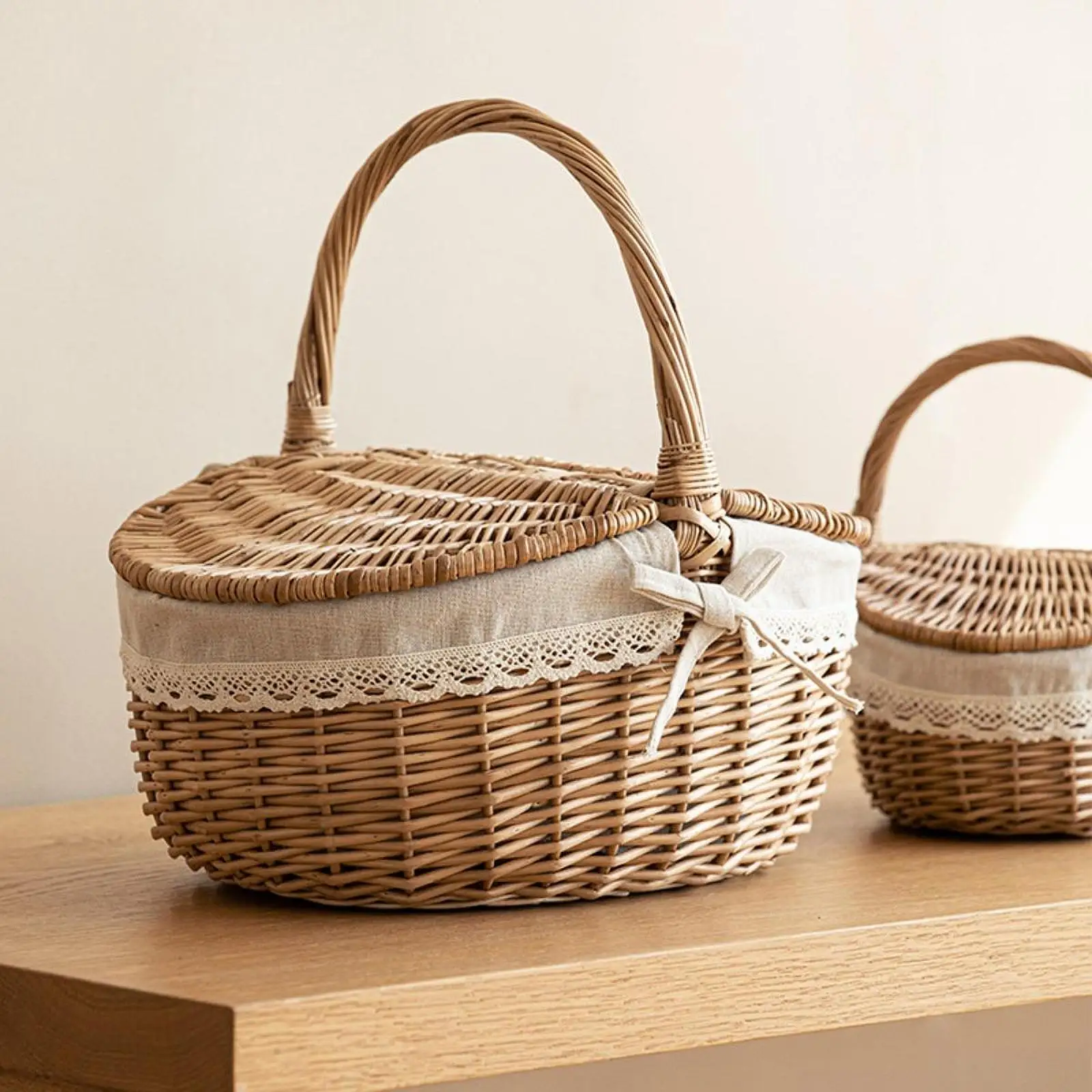 Woven Storage Basket Willow Basket with Handle and Lid Camping Wicker Basket Picnic Basket
Woven Storage Basket Willow Basket with Handle and Lid Camping Wicker Basket Picnic Basket