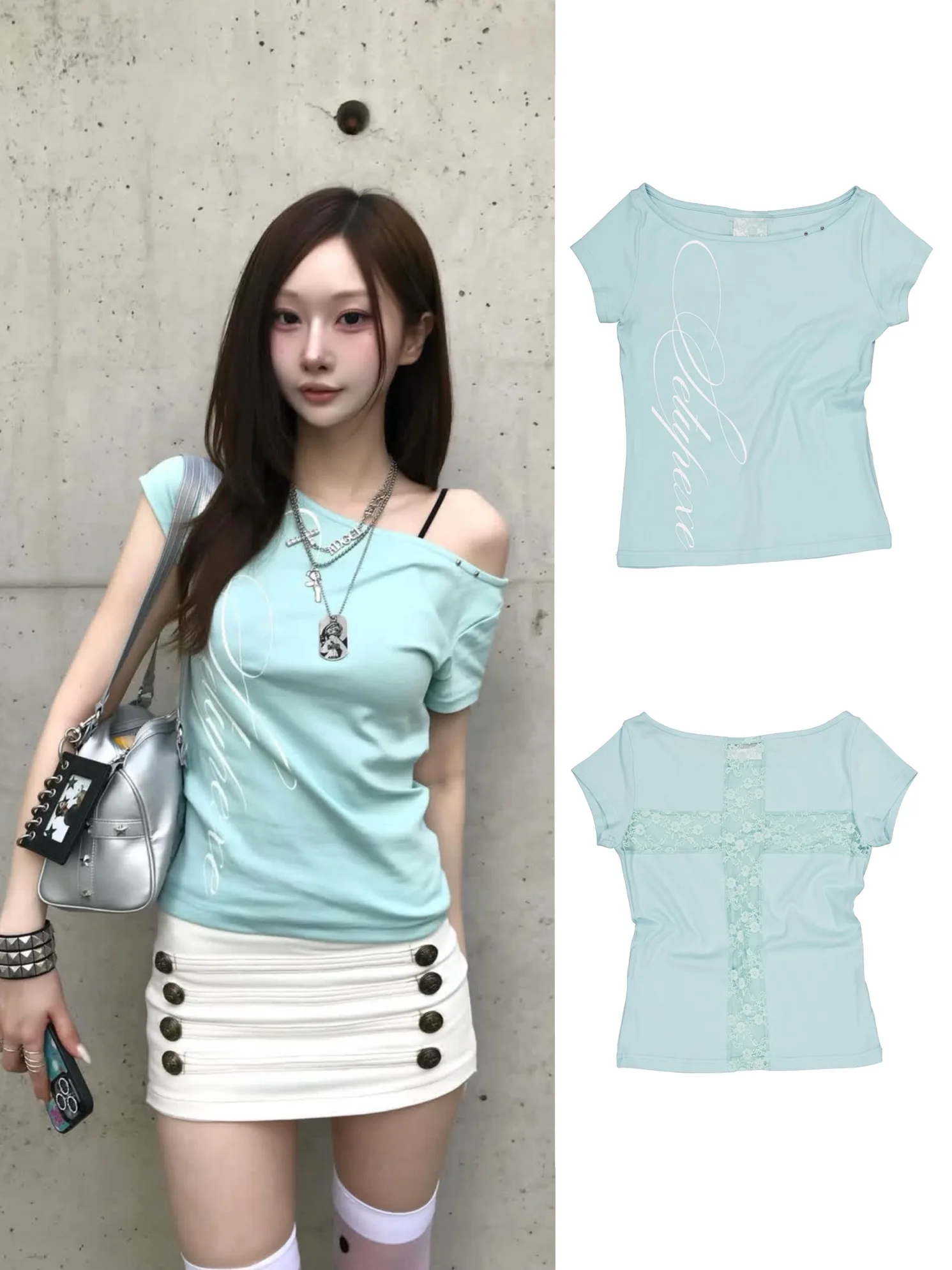 Korean Influencer Lace Cross Backless Short Sleeve Shoulder Bared T-Shirt Casual Style Printed Loose Fit Cotton Summer Top
Korean Influencer Lace Cross Backless Short Sleeve Shoulder Bared T-Shirt Casual Style Printed Loose Fit Cotton Summer Top