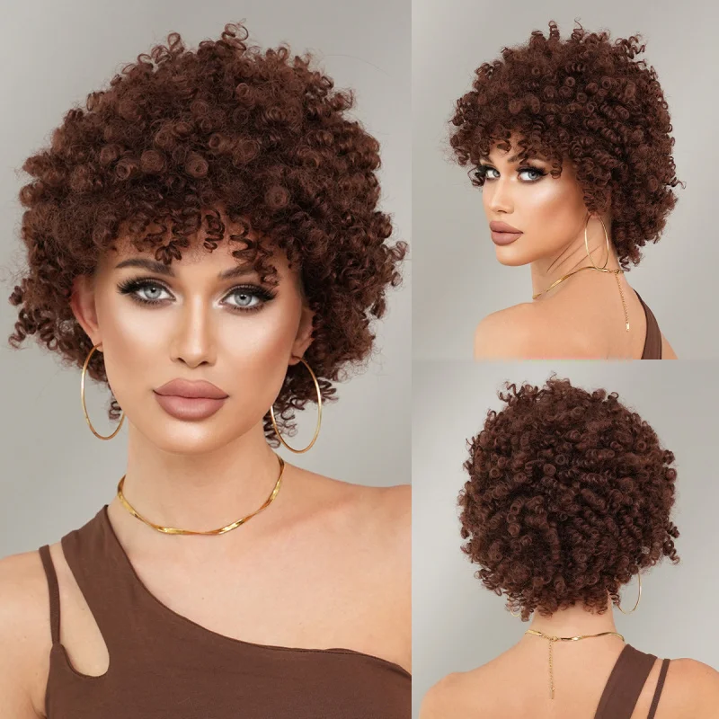 Black women's spring curly short brown pixie cut wig with bangs, made of synthetic fiber
Black women's spring curly short brown pixie cut wig with bangs, made of synthetic fiber