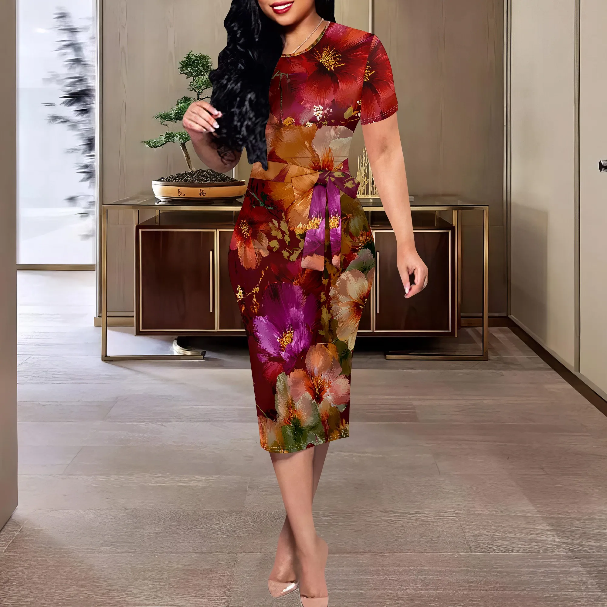 Vintage Floral Print Midi Dress XS-3XL Short Sleeve Belted Bodycon Style for Summer Brunch, Date Night or Garden Party Look
Vintage Floral Print Midi Dress XS-3XL Short Sleeve Belted Bodycon Style for Summer Brunch, Date Night or Garden Party Look