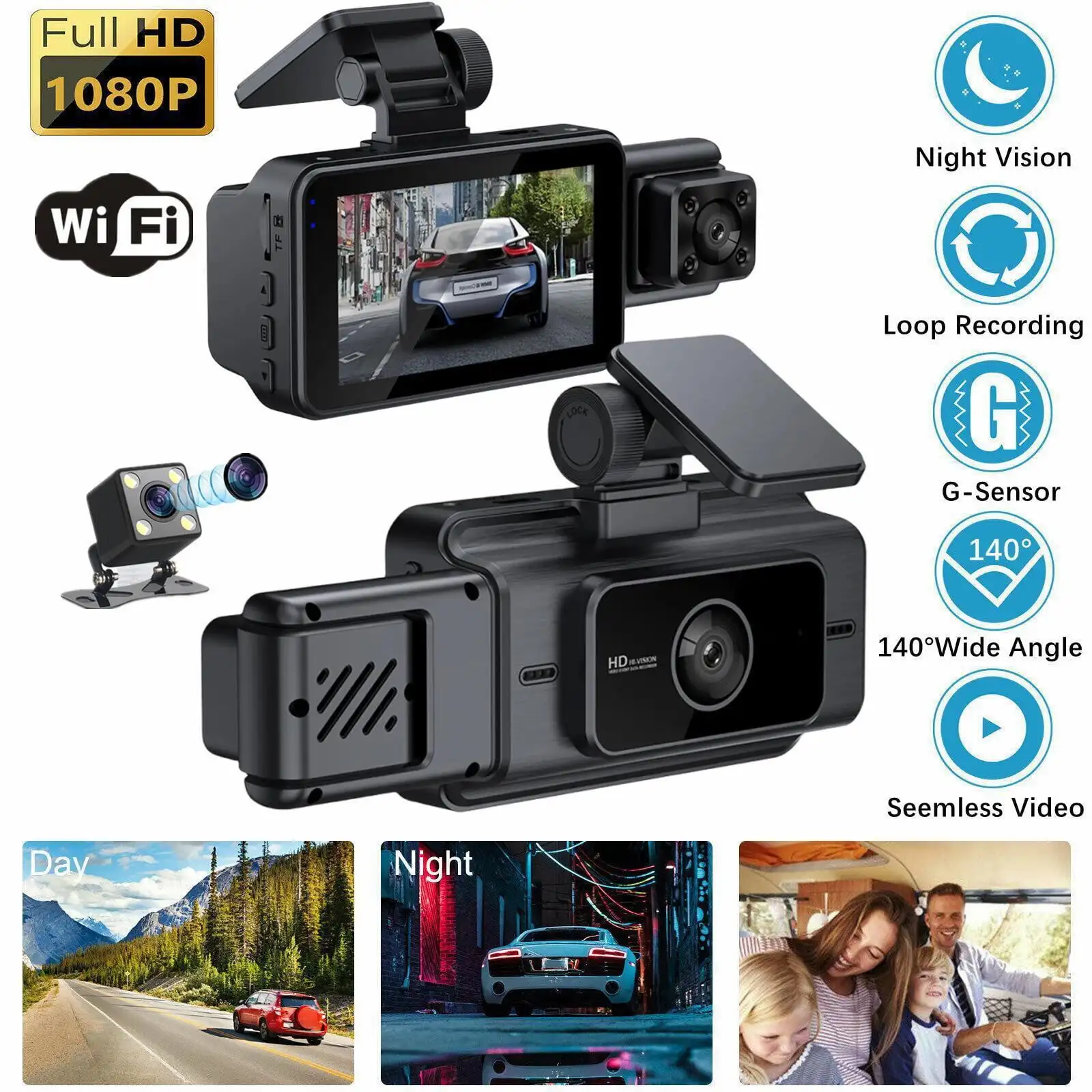 Triple Camera Dash Cam with Front, Inside, and Rear 1080P Recording, IR Night Vision, WiFi Control, Gravity Induction
Triple Camera Dash Cam with Front, Inside, and Rear 1080P Recording, IR Night Vision, WiFi Control, Gravity Induction