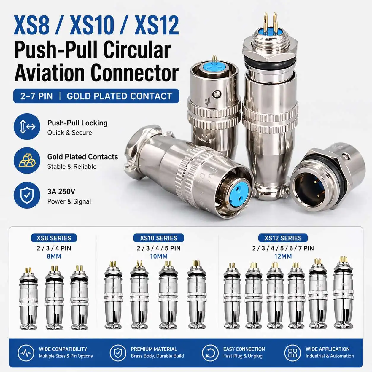 XS8 XS10 XS12 Push Pull Circular Aviation Connector 2/3/4/5/6/7 Pin Gold Plated Male Female Quick Plug
XS8 XS10 XS12 Push Pull Circular Aviation Connector 2/3/4/5/6/7 Pin Gold Plated Male Female Quick Plug
