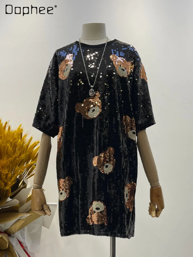 Cartoon Bear Sequins Loose-Fitting Mid-Length Short-Sleeved T-shirt Female 2023 Summer New Round Neck Short Dress for Women
Cartoon Bear Sequins Loose-Fitting Mid-Length Short-Sleeved T-shirt Female 2023 Summer New Round Neck Short Dress for Women