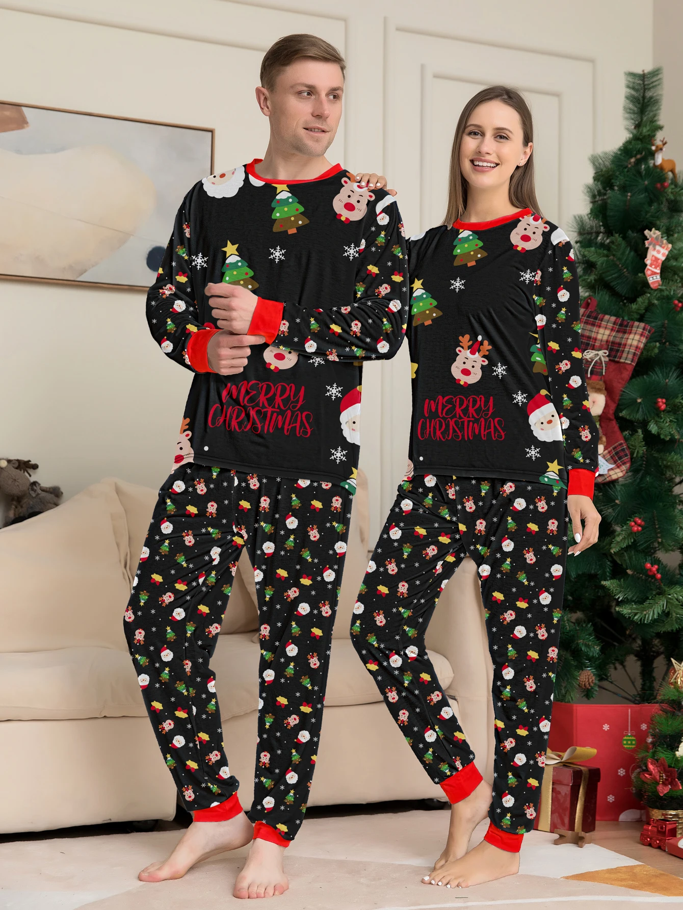 Couple Matching Christmas Pajamas Set Long Sleeve Black Top with "Merry Christmas" & Festive Print & Pants Sleepwear
Couple Matching Christmas Pajamas Set Long Sleeve Black Top with "Merry Christmas" & Festive Print & Pants Sleepwear