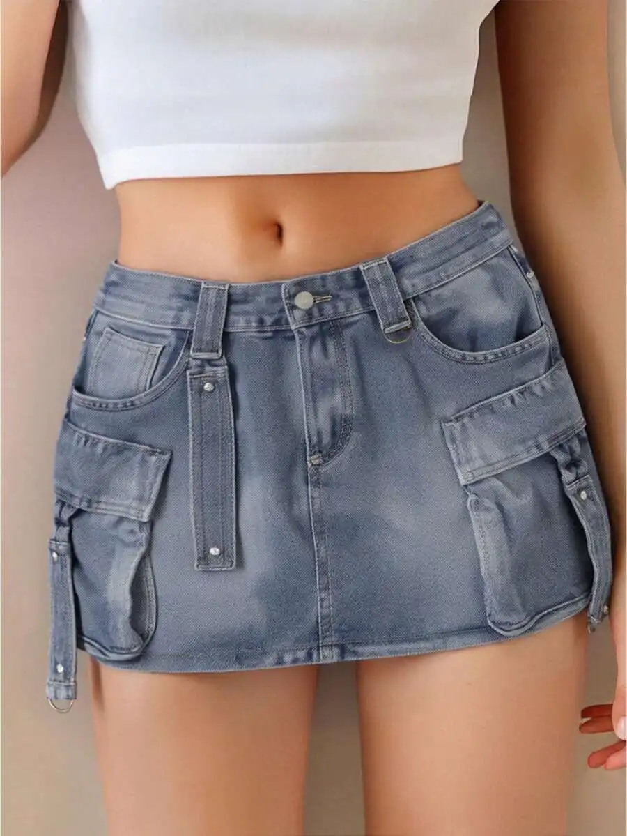 Womens Denim Cargo Mini Skirt Low Waist Flap Pocket A-Line Streetwear
Womens Denim Cargo Mini Skirt Low Waist Flap Pocket A-Line Streetwear