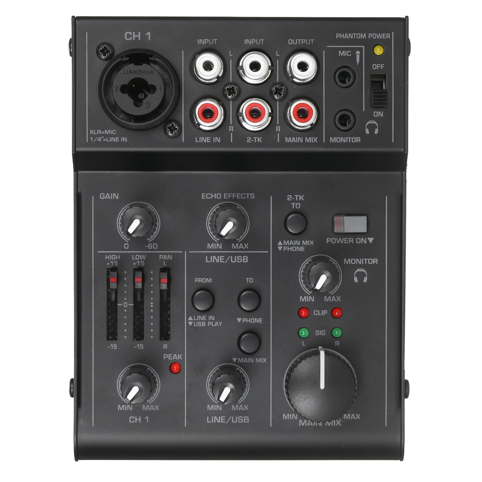 5-Channel Compact Audio Mixer Sound Mixing Console USB Audio Interface 2-Band EQ Built-in Echoing Effect for DJ Recording Live B
5-Channel Compact Audio Mixer Sound Mixing Console USB Audio Interface 2-Band EQ Built-in Echoing Effect for DJ Recording Live B