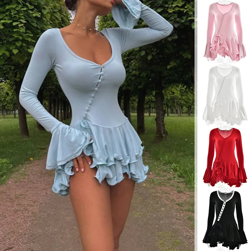 Summer Dress Flare Sleeve Ruffle Sexy V Neck Mini Dress Women Robe Irregular Single-breasted Short Skirt Ballet Style
Summer Dress Flare Sleeve Ruffle Sexy V Neck Mini Dress Women Robe Irregular Single-breasted Short Skirt Ballet Style