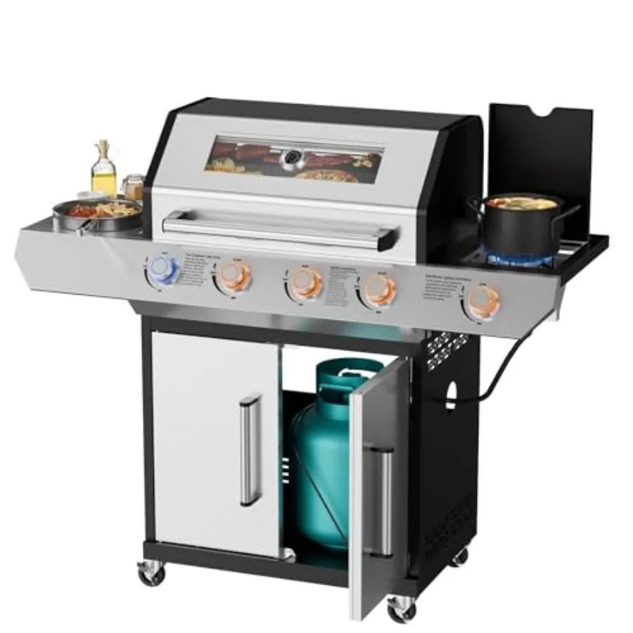 4-Burner LED Gas BBQ Grill with Side Burner Visual Glass 60 000 BTU Stainless Steel Propane Grill 629 Sq. In. Grilling Area Bla
4-Burner LED Gas BBQ Grill with Side Burner Visual Glass 60 000 BTU Stainless Steel Propane Grill 629 Sq. In. Grilling Area Bla