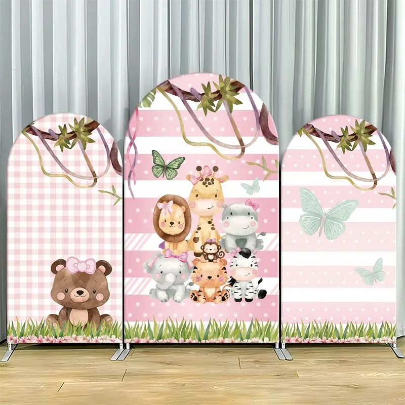 Single Side Arch Backdrop Cover Pink Jungle Animal Theme Party Backdrop with Giraffe Bear Zebra and Butterfly Motif on Checkered
Single Side Arch Backdrop Cover Pink Jungle Animal Theme Party Backdrop with Giraffe Bear Zebra and Butterfly Motif on Checkered