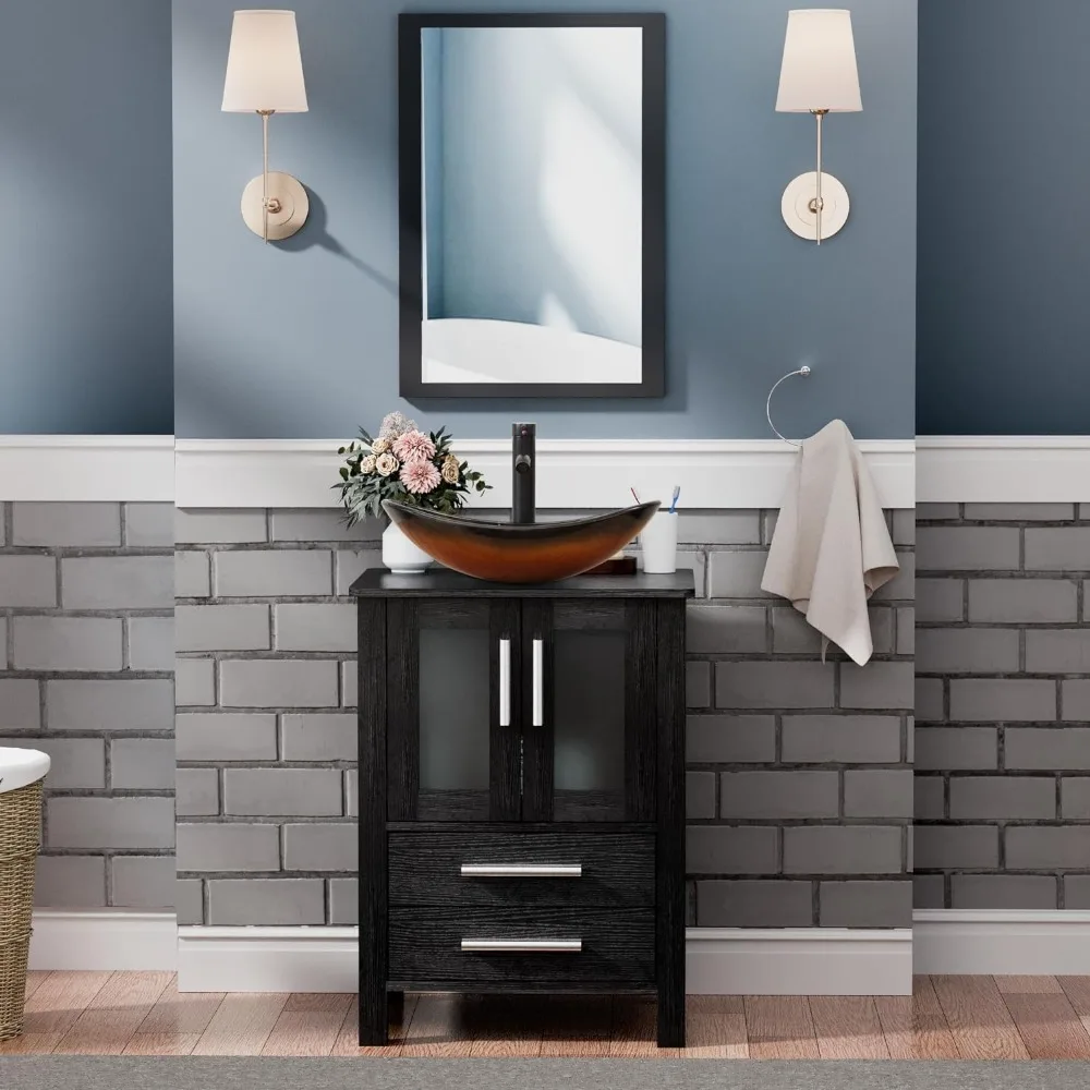 24" Black Bathroom Vanity with Tempered Glass Sink,Modern Bathroom Vanity Cabinet, Pop Up Drain Included,Mirror Not Included
24" Black Bathroom Vanity with Tempered Glass Sink,Modern Bathroom Vanity Cabinet, Pop Up Drain Included,Mirror Not Included