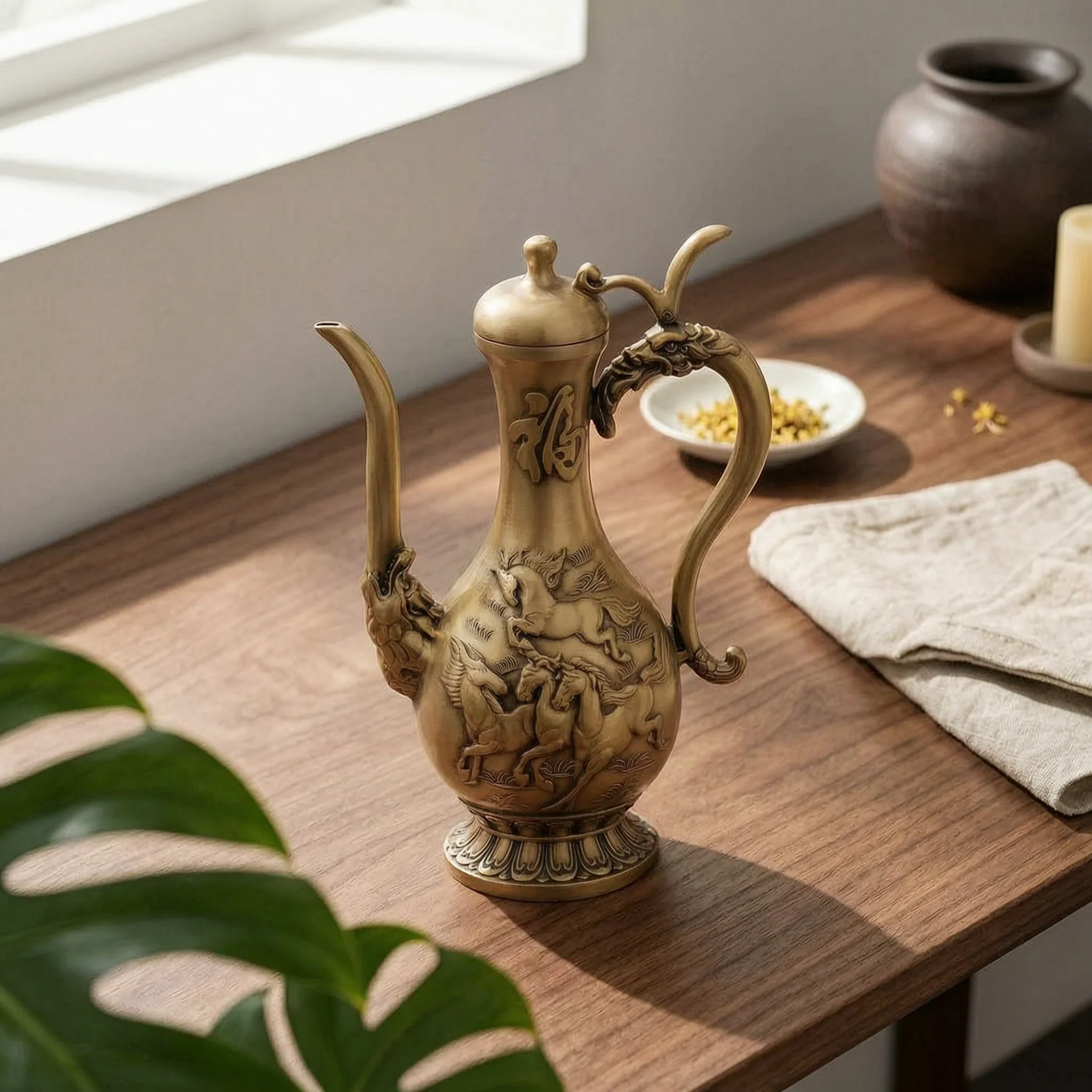 Ornate Brass Wine Pot Gold Tone Chinese Style Lidded Spirit Vessel Vintage Table Decor for Home
Ornate Brass Wine Pot Gold Tone Chinese Style Lidded Spirit Vessel Vintage Table Decor for Home