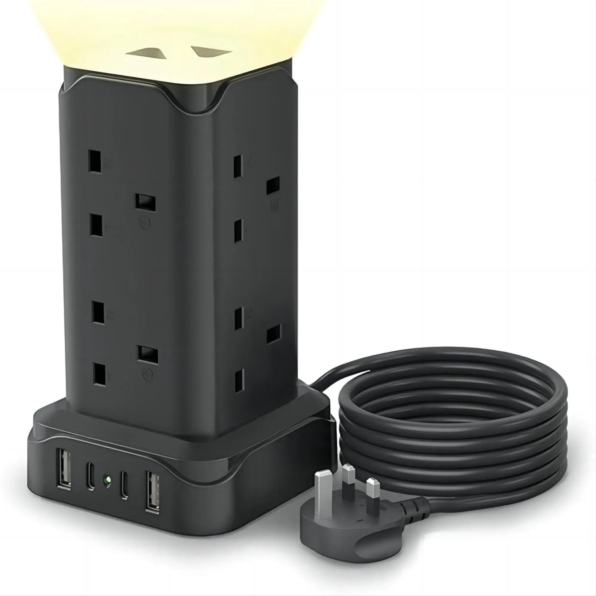 With USB jack and night beacon, (13A 3250W) 4 USB ports and 8-way extension tower, with 2M extension cable, black
With USB jack and night beacon, (13A 3250W) 4 USB ports and 8-way extension tower, with 2M extension cable, black
