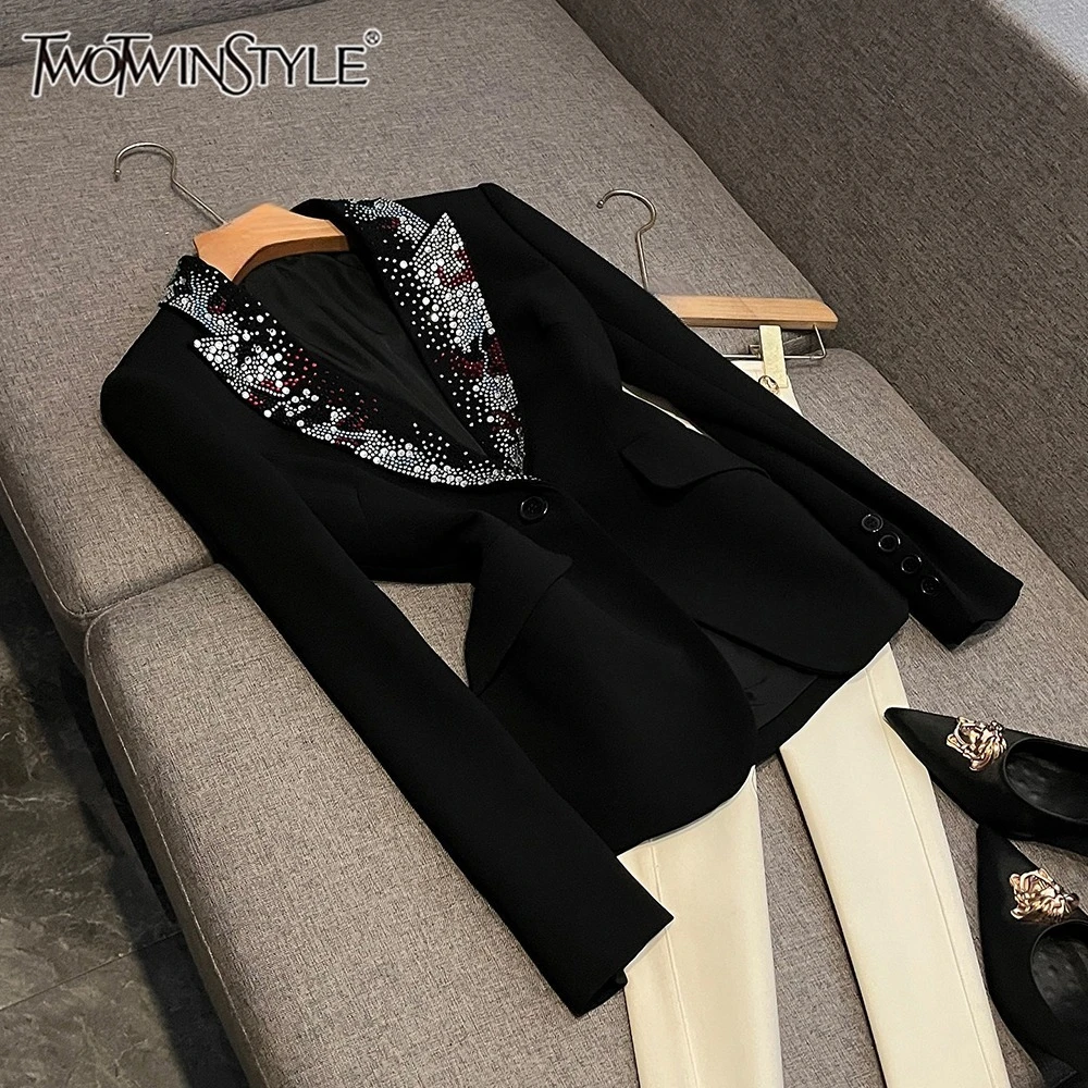 TWOTWINSTYLE Luxury Slimming Solid Blazers For Women V Neck Long Sleeve Spliced Diamonds Elegant Jacket Female Style KJA553485
TWOTWINSTYLE Luxury Slimming Solid Blazers For Women V Neck Long Sleeve Spliced Diamonds Elegant Jacket Female Style KJA553485