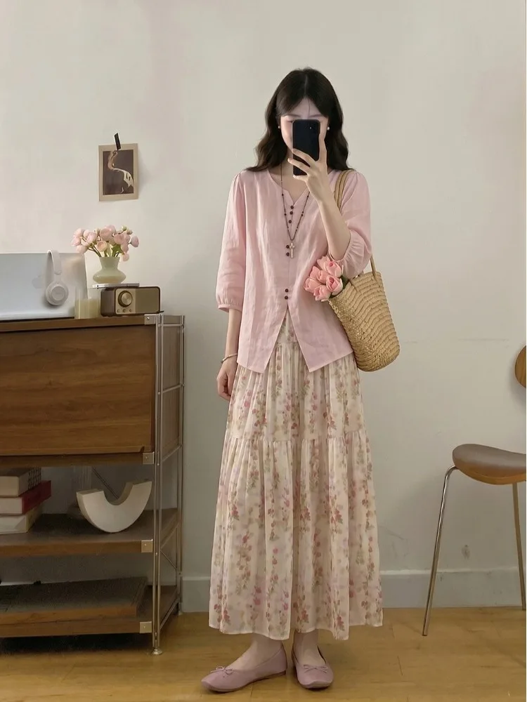 plus Size Women's Sweet Style Pink V-Neck Short Sleeve Shirt Summer New High Waist Floral Half Skirt Two-Piece Set Korean Loo...
plus Size Women's Sweet Style Pink V-Neck Short Sleeve Shirt Summer New High Waist Floral Half Skirt Two-Piece Set Korean Loo...