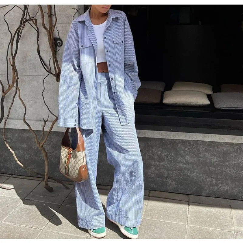 2026 New Blue Striped Lapel Shirt Long Sleeve Wide-Leg Pants Suit Loose Fashion Women's Clothing
2026 New Blue Striped Lapel Shirt Long Sleeve Wide-Leg Pants Suit Loose Fashion Women's Clothing