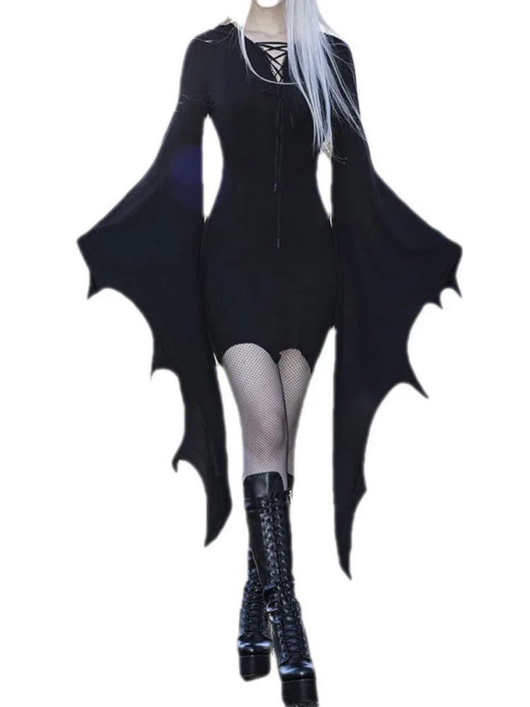 Gothic Grunge Punk Mini Dresses for Women Fashion Batwing Long Sleeve Slim V-Neck Lace-Up Dress Y2K Harajuku Party Bodycon Dress 
Gothic Grunge Punk Mini Dresses for Women Fashion Batwing Long Sleeve Slim V-Neck Lace-Up Dress Y2K Harajuku Party Bodycon Dress