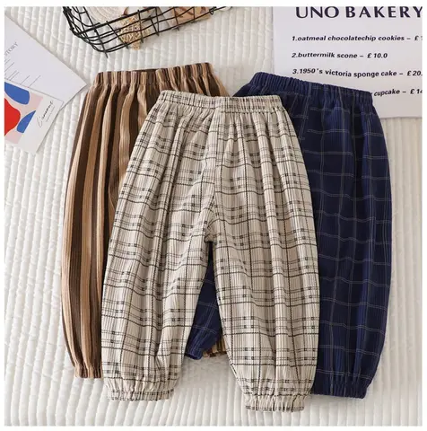 Autumn Kids Casual Trousers Brown Striped Plaid Elastic-Waist Long Pants Korean Style Sweatpants For Baby Boys Girls 1 To 6 Yrs