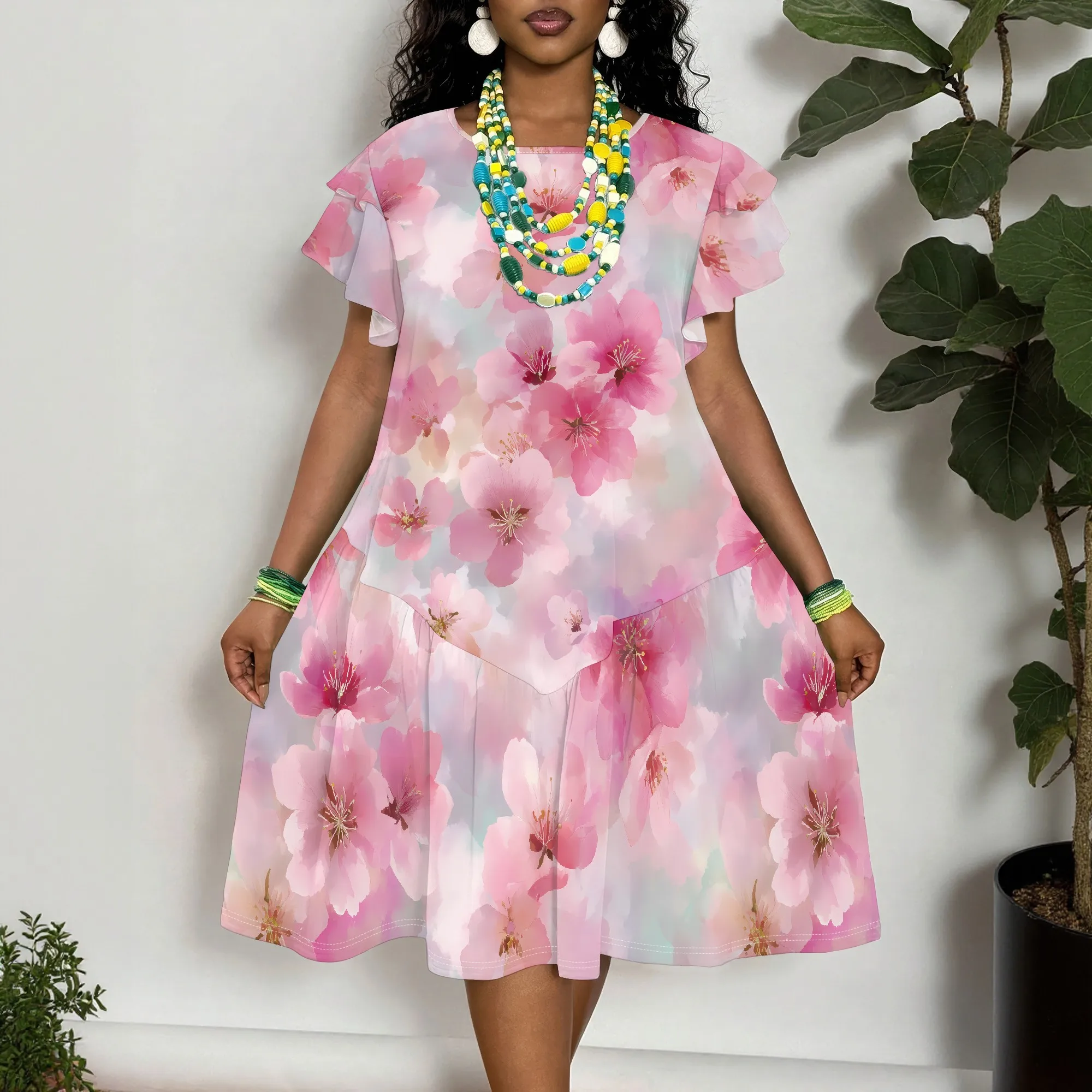 Pink Floral Print Short Sleeve Dress for Women Summer Loose Fit Ruffle Hem Casual Beach Tunic
Pink Floral Print Short Sleeve Dress for Women Summer Loose Fit Ruffle Hem Casual Beach Tunic