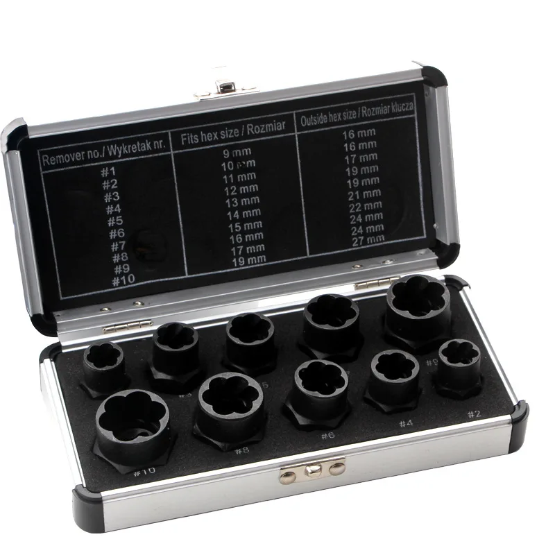 10 piece aluminum box with broken nuts and bolts, tool for extracting hexagonal screws from socket heads
10 piece aluminum box with broken nuts and bolts, tool for extracting hexagonal screws from socket heads