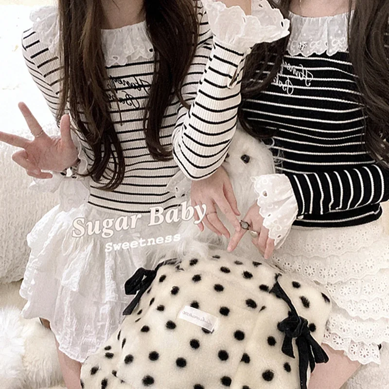 Knitted Striped Tops Tee Women Autumn 2023 Long Sleeve Lace Trim Bottoming Tshirt for Sweet Girls Cute T-shirts Kawaii Clothes
Knitted Striped Tops Tee Women Autumn 2023 Long Sleeve Lace Trim Bottoming Tshirt for Sweet Girls Cute T-shirts Kawaii Clothes