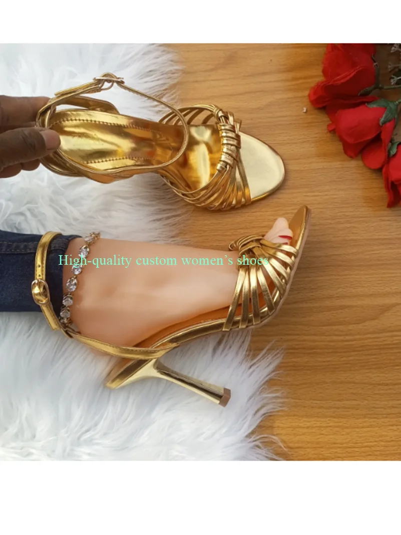 Gold Lace-Up Pointed Toe Hollow Out Sandals Stilettos Ankle Buckle Luxury Women's Shoes Bestselling Model Shoes For Banquets
Gold Lace-Up Pointed Toe Hollow Out Sandals Stilettos Ankle Buckle Luxury Women's Shoes Bestselling Model Shoes For Banquets