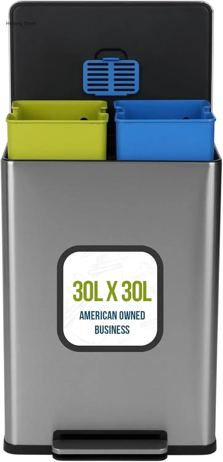 Прямоугольный мусорный бак с двумя отделениями, 60 литров/16 галлонов, без помощи рук, для вторичной переработки, кухонный мусорный бак с одной крышкой с мягким закрытием 
Прямоугольный мусорный бак с двумя отделениями, 60 литров/16 галлонов, без помощи рук, для вторичной переработки, кухонный мусорный бак с одной крышкой с мягким закрытием