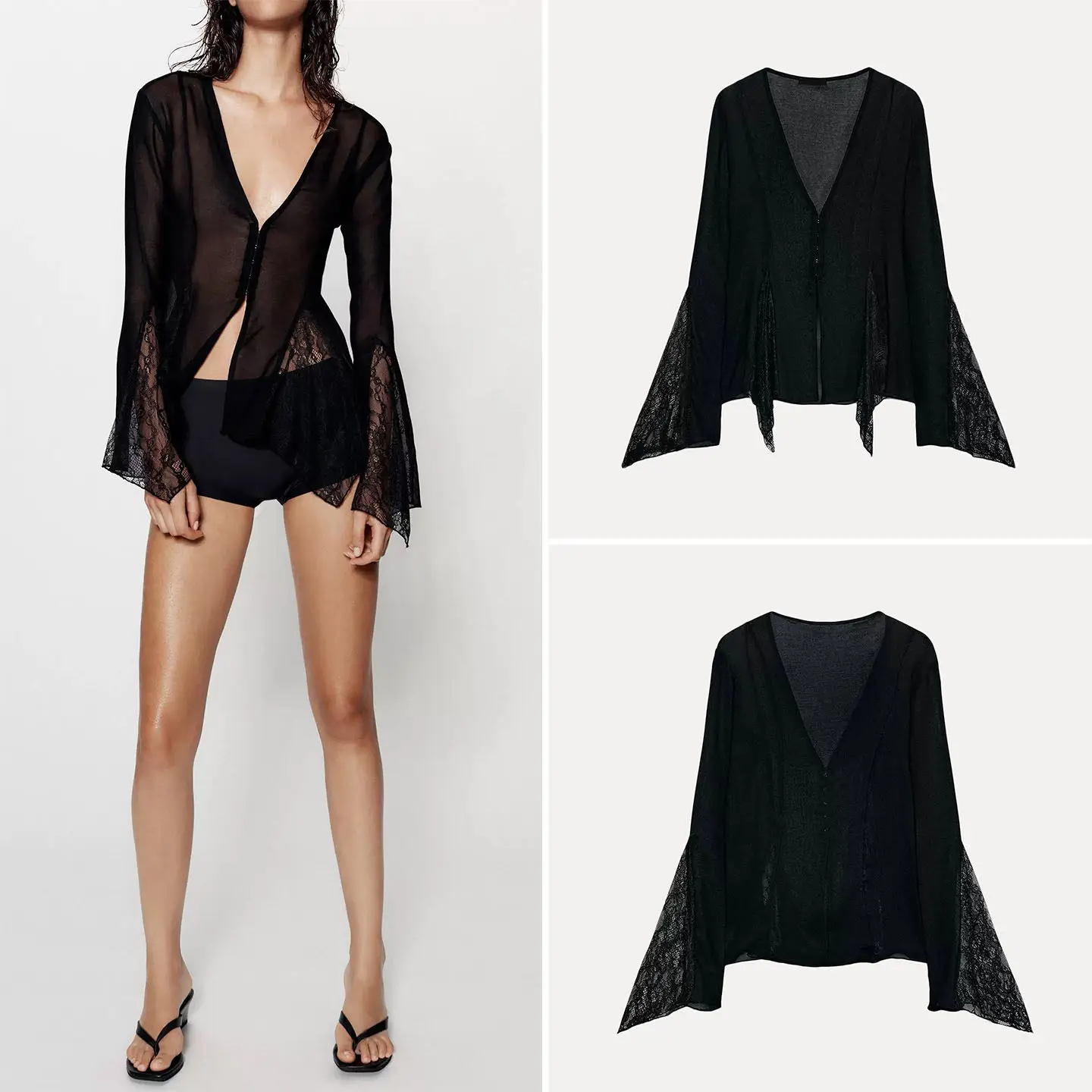 Women's Summer Casual Style Long Sleeve V-Neck Lace Bell Sleeve Transparent Top Splicing Design ZADATA Loose Fit Shirt
Women's Summer Casual Style Long Sleeve V-Neck Lace Bell Sleeve Transparent Top Splicing Design ZADATA Loose Fit Shirt
