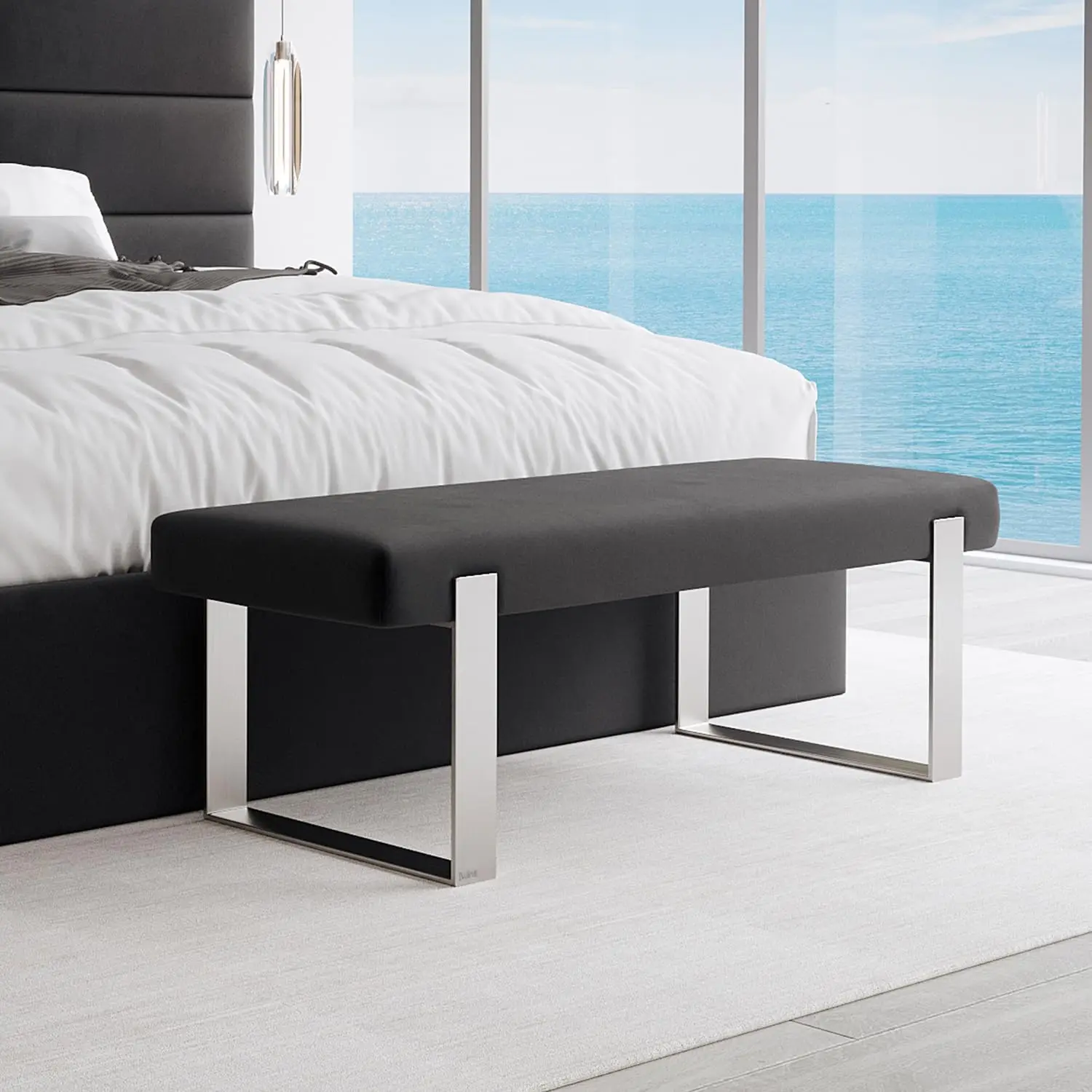 Upholstered Bed Bench - Velvet Black - Brushed Nickel - Contemporary Modern, Bedroom Bench Seat, Hallway, or Entryway
Upholstered Bed Bench - Velvet Black - Brushed Nickel - Contemporary Modern, Bedroom Bench Seat, Hallway, or Entryway