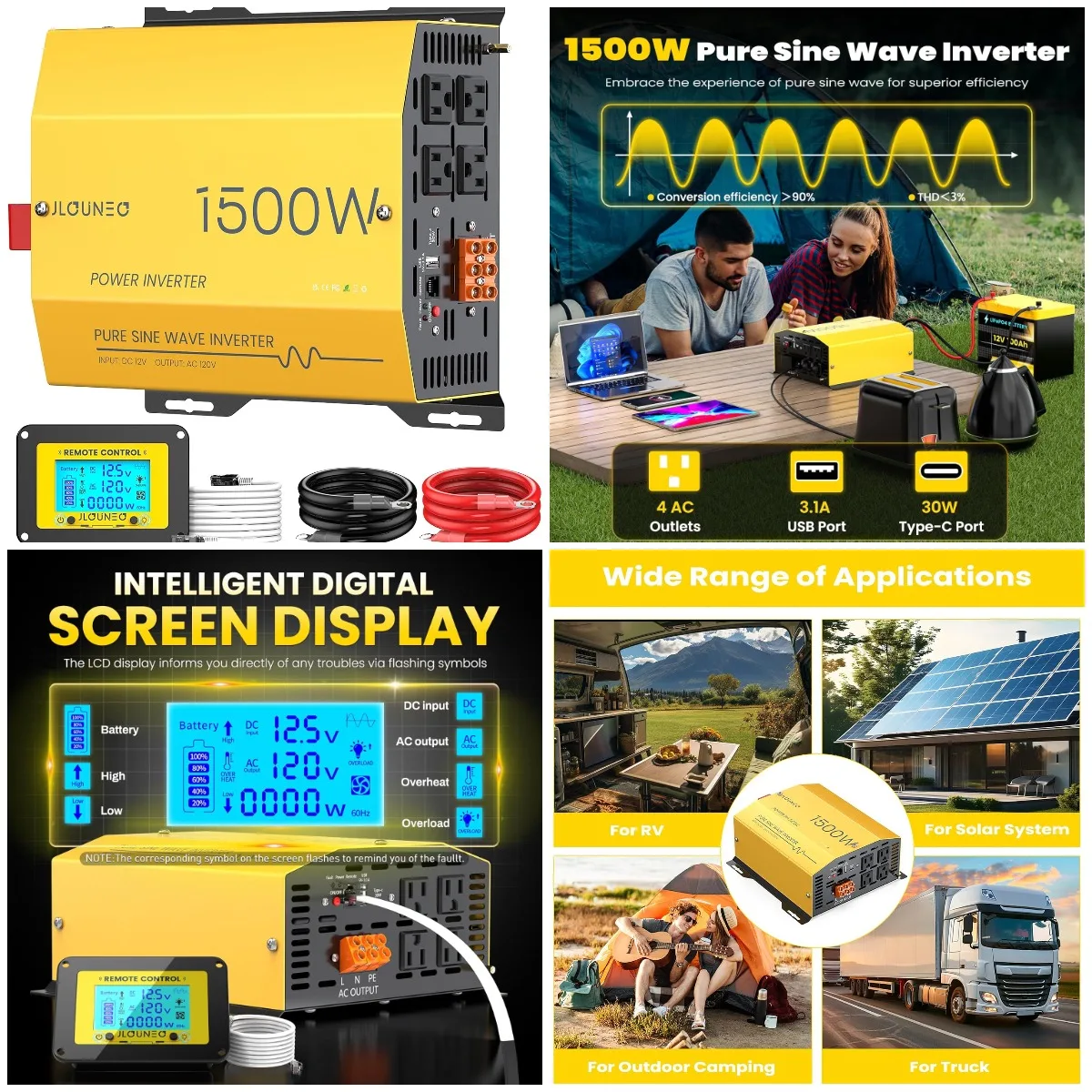 1500W Pure Sine Wave Inverter 12V to 120V AC Converter with USB, Type-C, Remote Control, LCD
1500W Pure Sine Wave Inverter 12V to 120V AC Converter with USB, Type-C, Remote Control, LCD