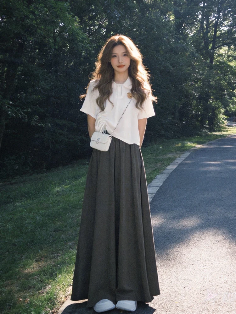 Anti-Aging Short Drawstring Pleated Collared Top with Simple Casual Wide Leg Skirt Summer Set High Waist Long Skirt
Anti-Aging Short Drawstring Pleated Collared Top with Simple Casual Wide Leg Skirt Summer Set High Waist Long Skirt