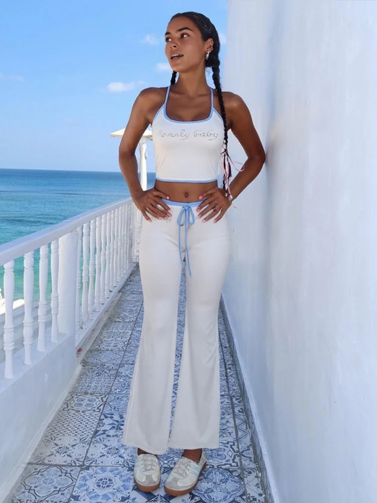 Insglas Vacation Simple Letter Print 2 Piece Set Women Halter Bandage Crop Tops+Drawstring Stretch Flare Pants Matching Suits
Insglas Vacation Simple Letter Print 2 Piece Set Women Halter Bandage Crop Tops+Drawstring Stretch Flare Pants Matching Suits