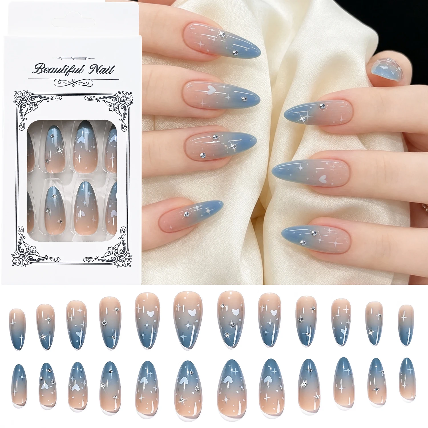 1box Nude Pink Hazy Blue Almond Press On Nails White Heart Starburst Rhinestones Gel Fake Nails Full Cover Gradient False Nails
1box Nude Pink Hazy Blue Almond Press On Nails White Heart Starburst Rhinestones Gel Fake Nails Full Cover Gradient False Nails