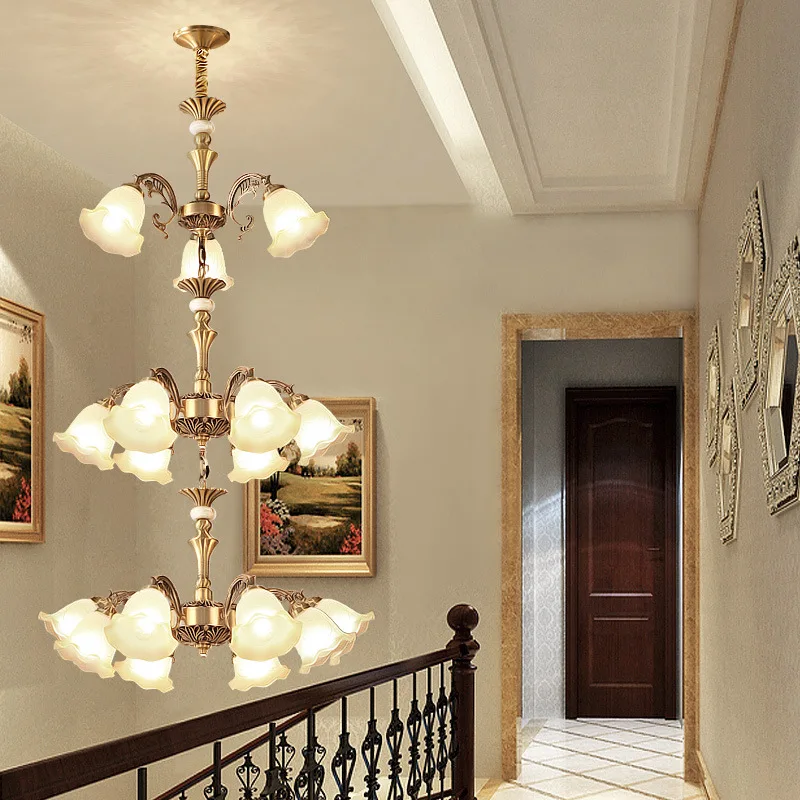 European duplex staircase lamp long chandelier luxury American spiral staircase rural self-built house all copper chandelier
European duplex staircase lamp long chandelier luxury American spiral staircase rural self-built house all copper chandelier