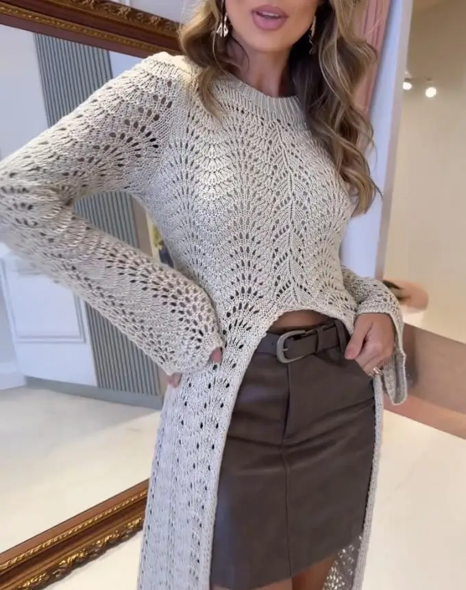 Y2K Top Women 2025 Spring New O-Neck Asymmetrical Hem Hollow Out Knitted Sweater Casual Scallop Trim Bell Sleeve Longline Top
Y2K Top Women 2025 Spring New O-Neck Asymmetrical Hem Hollow Out Knitted Sweater Casual Scallop Trim Bell Sleeve Longline Top