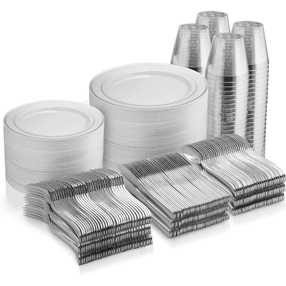 600 Piece Dinnerware Set -100 Silver Rim 10 Inch Plastic Plates 100 Silver Rim 7 Inch Plates -300 Silver Plastic
600 Piece Dinnerware Set -100 Silver Rim 10 Inch Plastic Plates 100 Silver Rim 7 Inch Plates -300 Silver Plastic